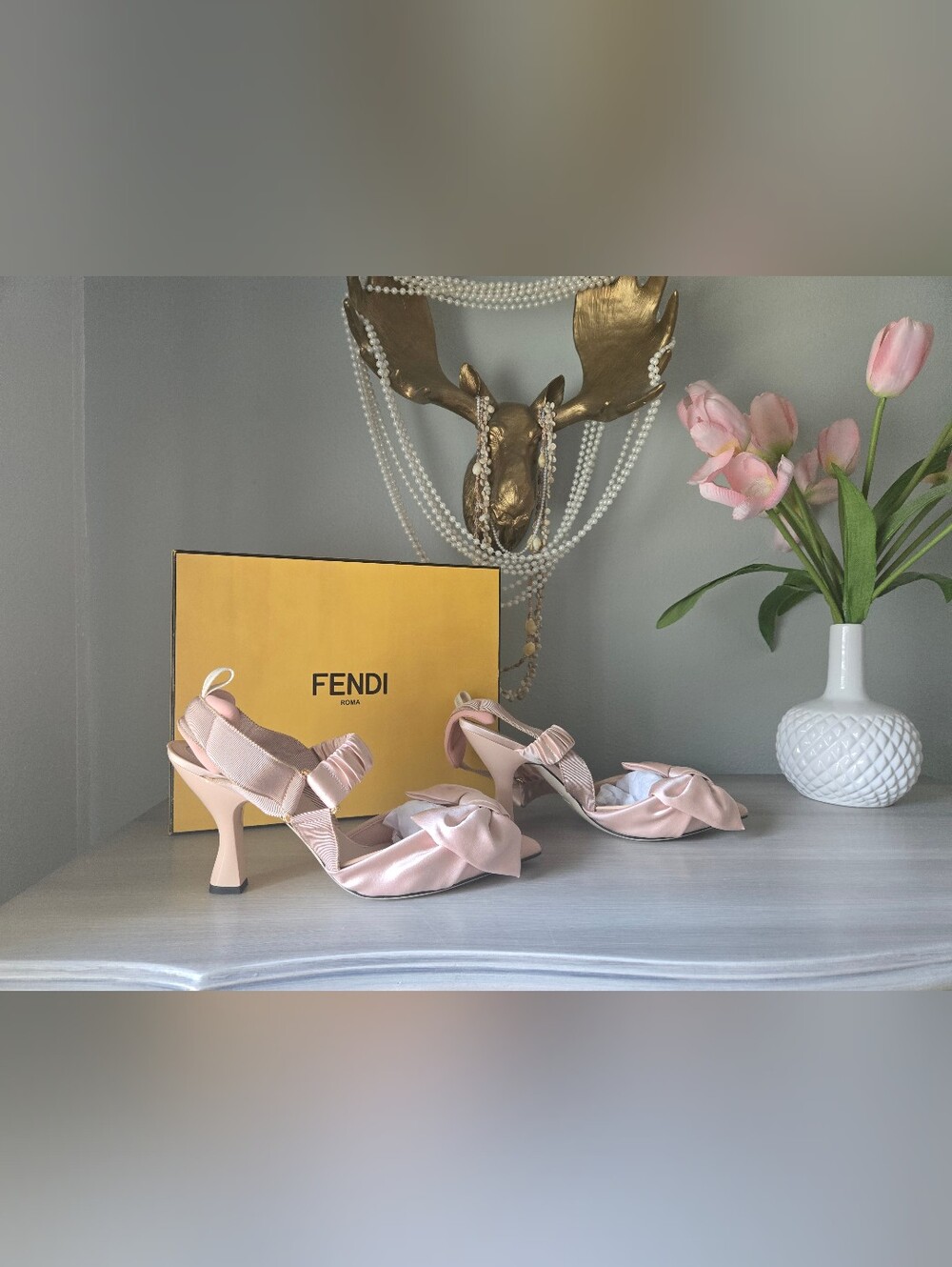 BNIB Fendi Colibri Pink Satin Bow Slingback Heels